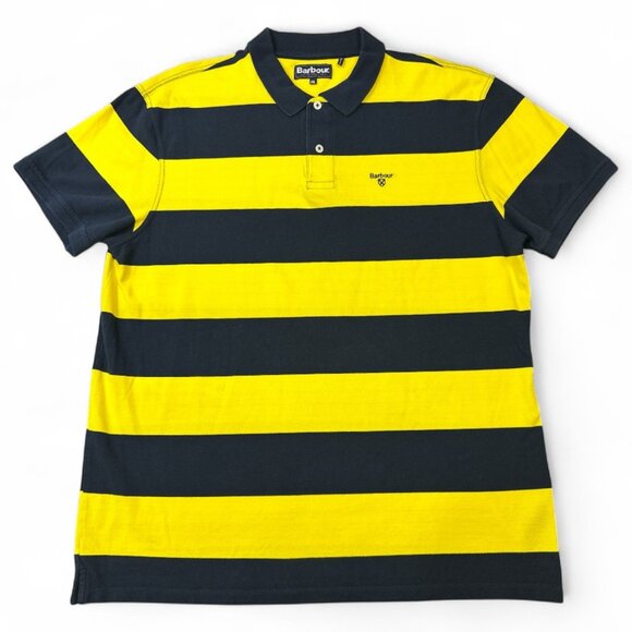 Barbour Stripe Polo Shirt Men's sz XXL Yellow Navy Blue Preppy Classic Nautical - Picture 1 of 11